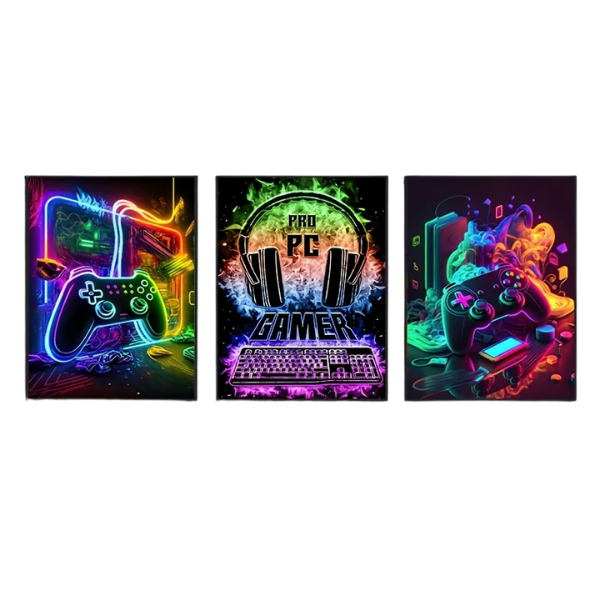 Kit com 3 Quadros Decorativo Gamer Neon