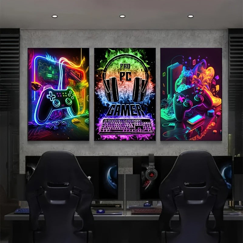 Kit com 3 Quadros Decorativo Gamer Neon
